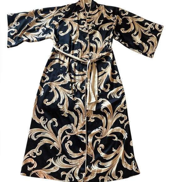 Natori Classics Belted Black & Gold Baroque Print Kimono Maxi Robe / Dress - Picture 6 of 10